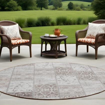 8' Round Taupe and Ivory Round Patchwork Washable Non Skid Indoor Outdoor Area Rug