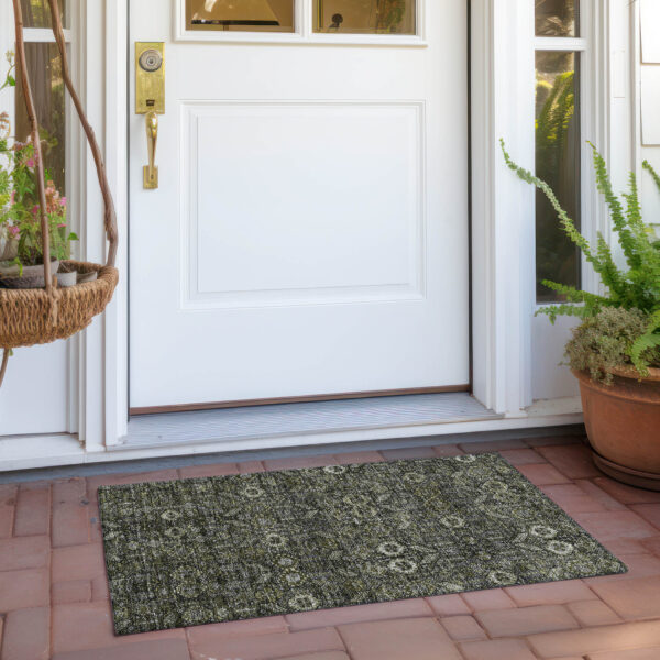 2' X 3' Moss Green and Gray Floral Washable Non Skid Indoor Outdoor Area Rug
