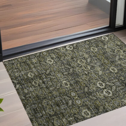 2' X 3' Moss Green and Gray Floral Washable Non Skid Indoor Outdoor Area Rug