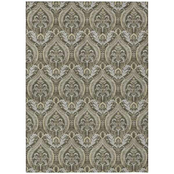8' X 10' Taupe and Beige Damask Washable Non Skid Indoor Outdoor Area Rug