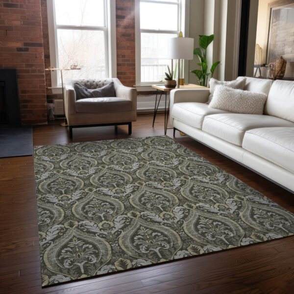 8' X 10' Taupe and Beige Damask Washable Non Skid Indoor Outdoor Area Rug