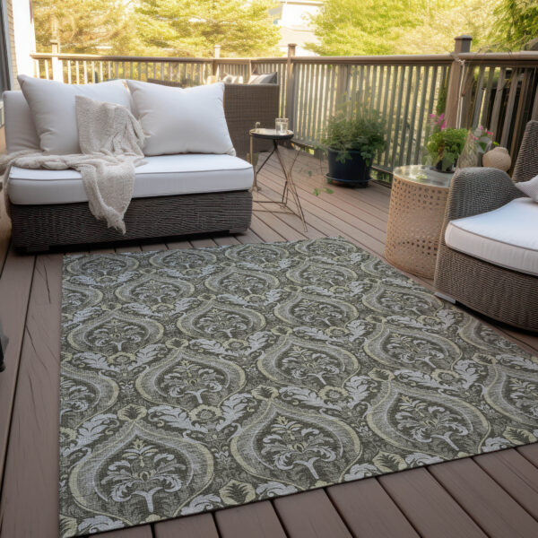 8' X 10' Taupe and Beige Damask Washable Non Skid Indoor Outdoor Area Rug
