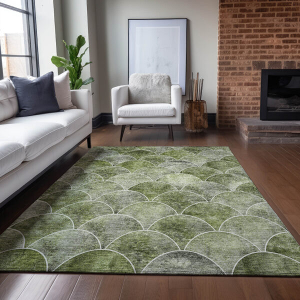 9' X 12' Green And Ivory Abstract Washable Indoor Outdoor Area Rug