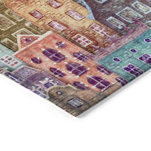 8' X 10' Red Gold And Teal Blue Village Houses Washable Indoor Outdoor Area Rug