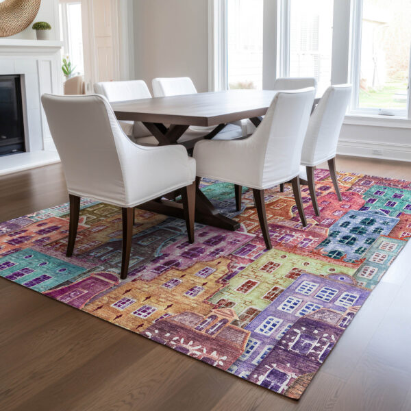 8' X 10' Red Gold And Teal Blue Village Houses Washable Indoor Outdoor Area Rug