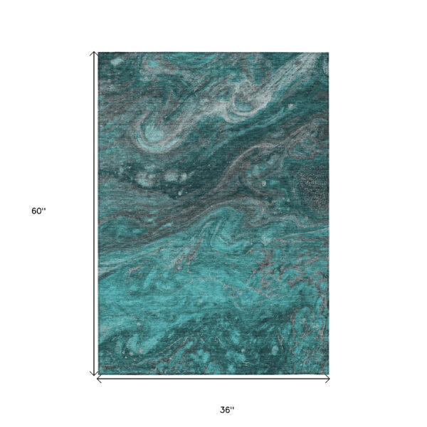 3' X 5' Teal Blue Aqua And Gray Abstract Washable Indoor Outdoor Area Rug