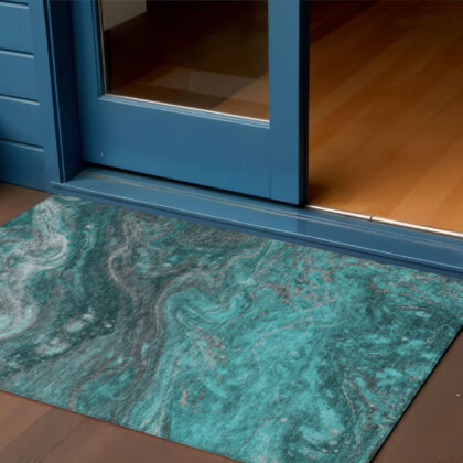 3' X 5' Teal Blue Aqua And Gray Abstract Washable Indoor Outdoor Area Rug