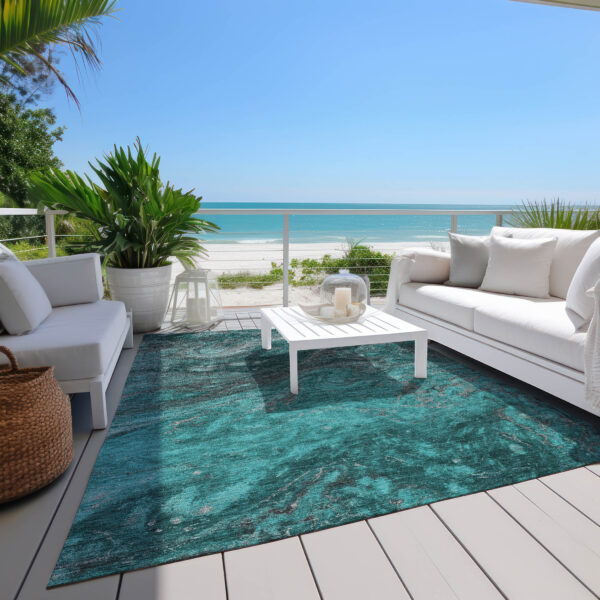 3' X 5' Teal Blue Aqua And Gray Abstract Washable Indoor Outdoor Area Rug