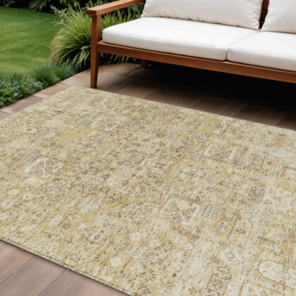 8' X 10' Wheat Beige And Gray Floral Washable Indoor Outdoor Area Rug