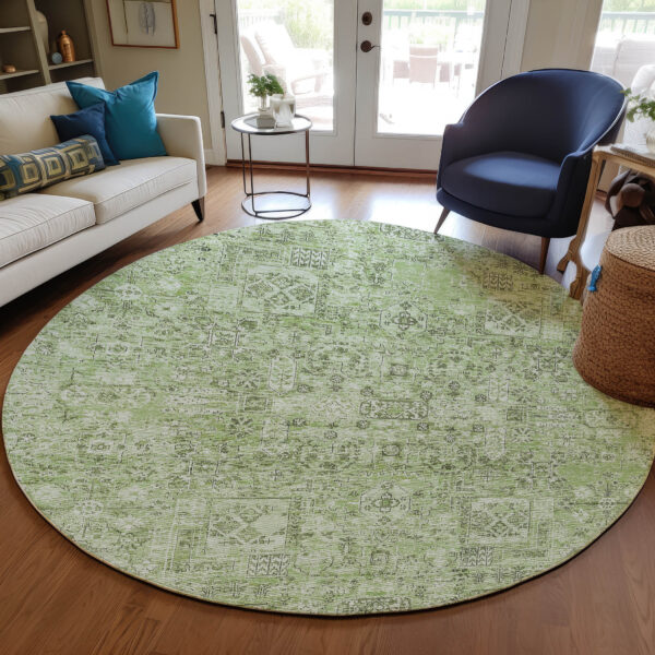 8' Artichoke Green And Olive Green Round Floral Washable Indoor Outdoor Area Rug