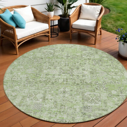 8' Artichoke Green And Olive Green Round Floral Washable Indoor Outdoor Area Rug