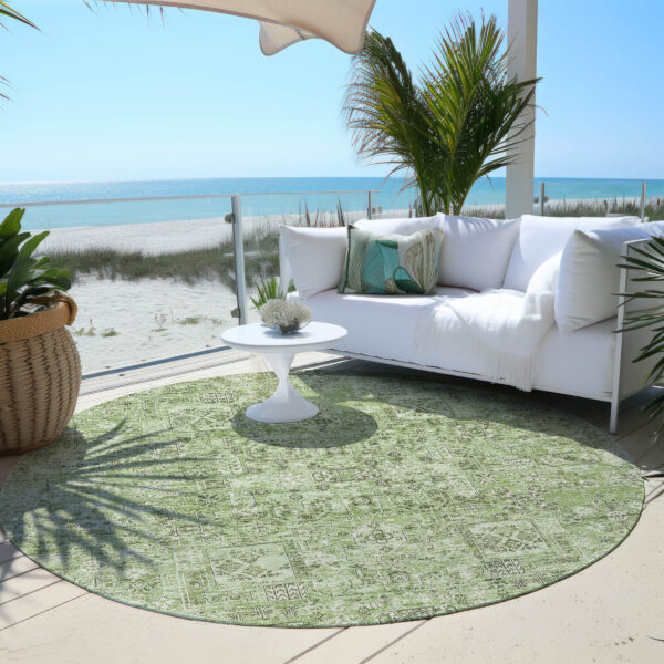 8' Artichoke Green And Olive Green Round Floral Washable Indoor Outdoor Area Rug