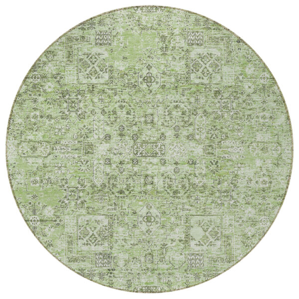 8' Artichoke Green And Olive Green Round Floral Washable Indoor Outdoor Area Rug