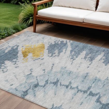 9' X 12' Denim Blue And Sky Blue Abstract Washable Indoor Outdoor Area Rug