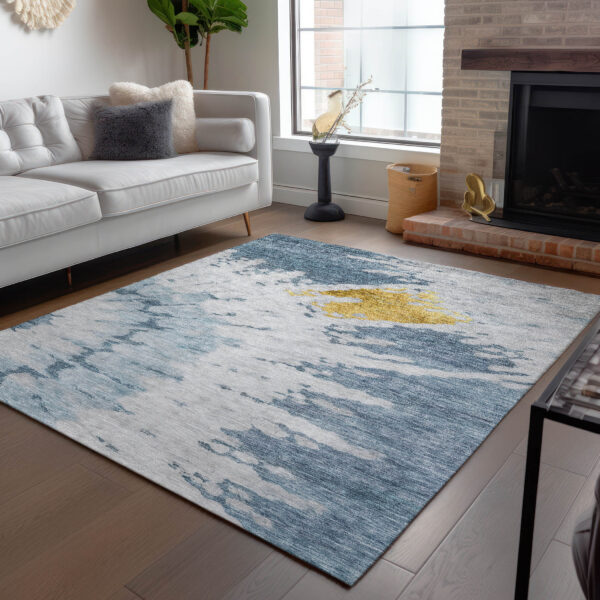 9' X 12' Denim Blue And Sky Blue Abstract Washable Indoor Outdoor Area Rug