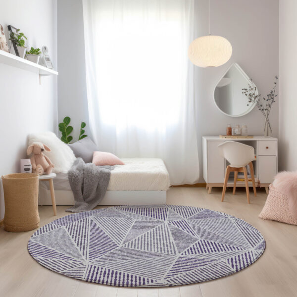 8' Purple Lilac And Silver Round Geometric Washable Indoor Outdoor Area Rug
