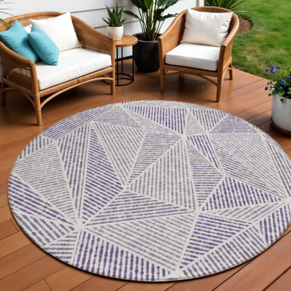 8' Purple Lilac And Silver Round Geometric Washable Indoor Outdoor Area Rug