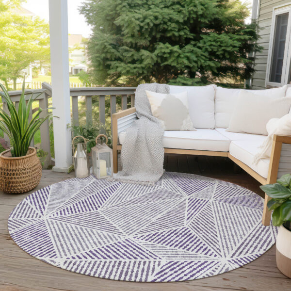 8' Purple Lilac And Silver Round Geometric Washable Indoor Outdoor Area Rug