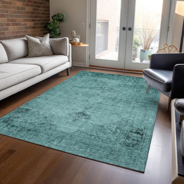 5' X 8' Teal Blue Turquoise And Charcoal Oriental Washable Indoor Outdoor Area Rug