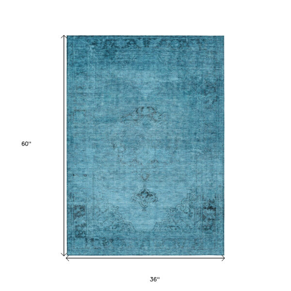 3' X 5' Denim Blue And Navy Blue Oriental Washable Indoor Outdoor Area Rug