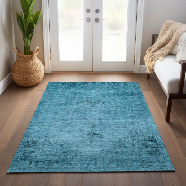 3' X 5' Denim Blue And Navy Blue Oriental Washable Indoor Outdoor Area Rug