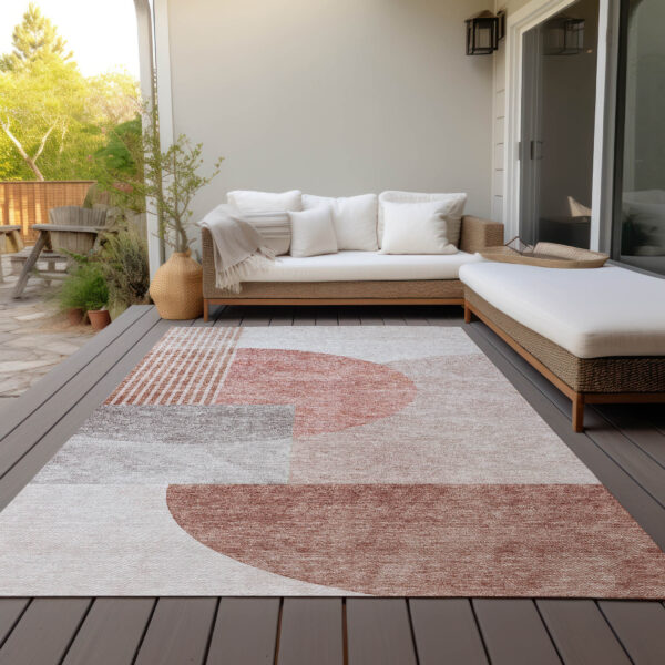 10' X 14' Copper Red And Gray Geometric Washable Indoor Outdoor Area Rug