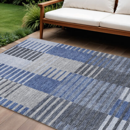 10' X 14' Denim Blue And Navy Blue Striped Washable Indoor Outdoor Area Rug