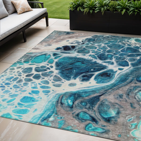 5' X 8' Teal Blue And Navy Blue Nautical Washable Indoor Outdoor Area Rug