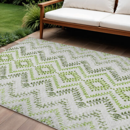 9' X 12' Green Ivory And Gray Geometric Washable Indoor Outdoor Area Rug