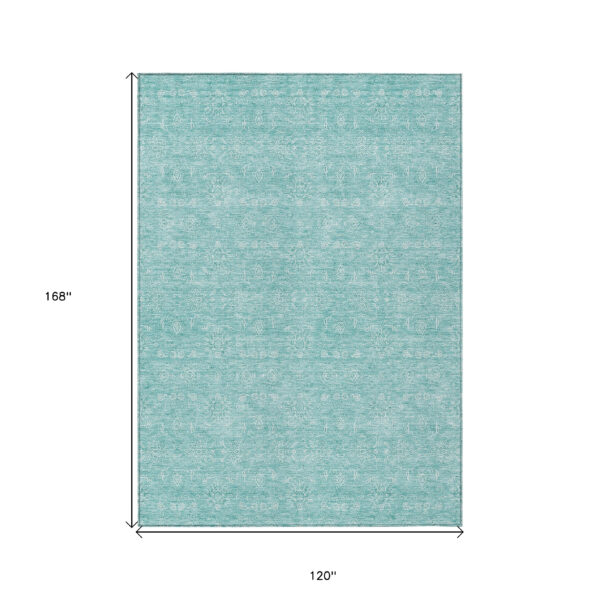 10' X 14' Aqua And Ivory Floral Washable Indoor Outdoor Area Rug