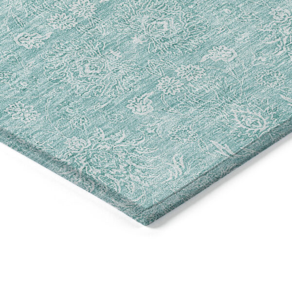 10' X 14' Aqua And Ivory Floral Washable Indoor Outdoor Area Rug