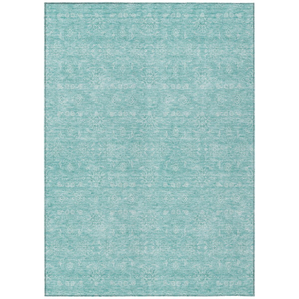 10' X 14' Aqua And Ivory Floral Washable Indoor Outdoor Area Rug