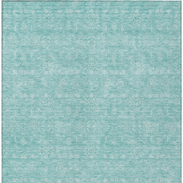 10' X 14' Aqua And Ivory Floral Washable Indoor Outdoor Area Rug
