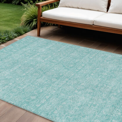 10' X 14' Aqua And Ivory Floral Washable Indoor Outdoor Area Rug
