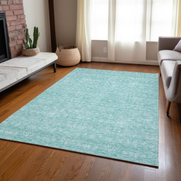 10' X 14' Aqua And Ivory Floral Washable Indoor Outdoor Area Rug