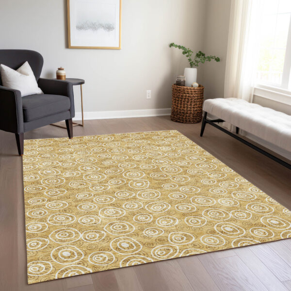 5' X 8' Gold Beige And Ivory Geometric Washable Indoor Outdoor Area Rug