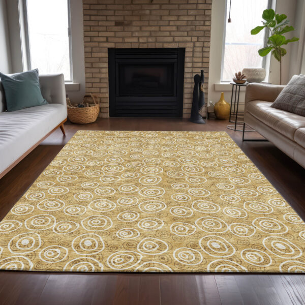 5' X 8' Gold Beige And Ivory Geometric Washable Indoor Outdoor Area Rug
