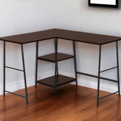 42" Espresso and Black Wood and Metal Corner Trestle Computer Desk