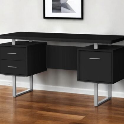60" Black and Gray Wood and Metal Computer Desk With Three Drawers