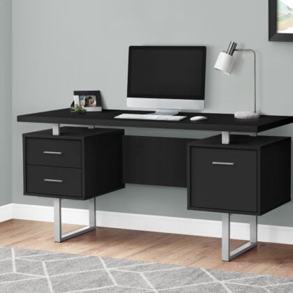 60" Black and Gray Wood and Metal Computer Desk With Three Drawers