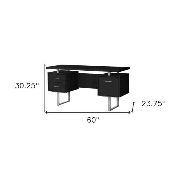 60" Black and Gray Wood and Metal Computer Desk With Three Drawers