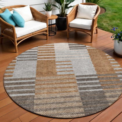 8' Chocolate And Gray Round Striped Washable Indoor Outdoor Area Rug