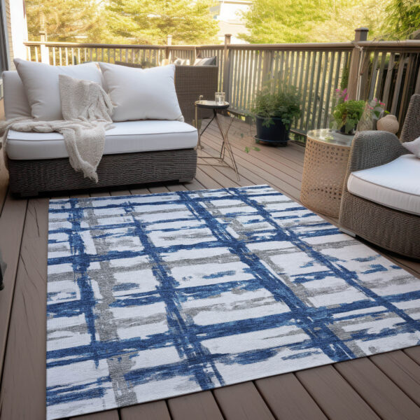 5' X 8' Navy Blue Gray And Silver Striped Washable Indoor Outdoor Area Rug