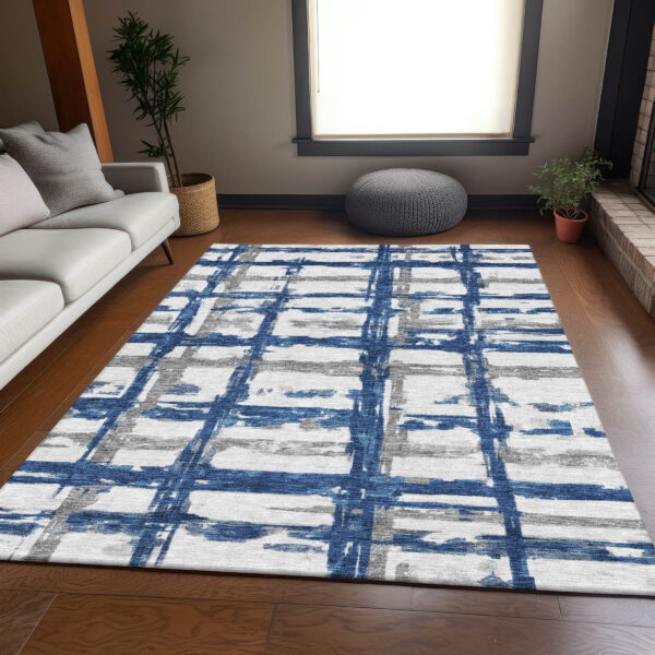 5' X 8' Navy Blue Gray And Silver Striped Washable Indoor Outdoor Area Rug