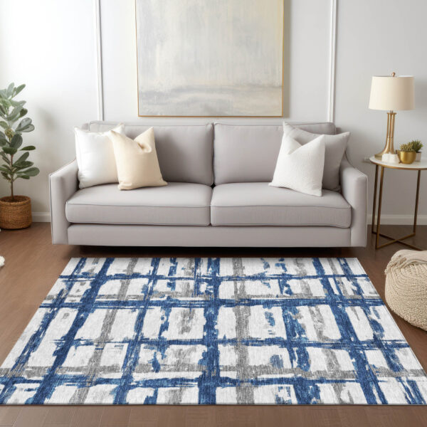 5' X 8' Navy Blue Gray And Silver Striped Washable Indoor Outdoor Area Rug