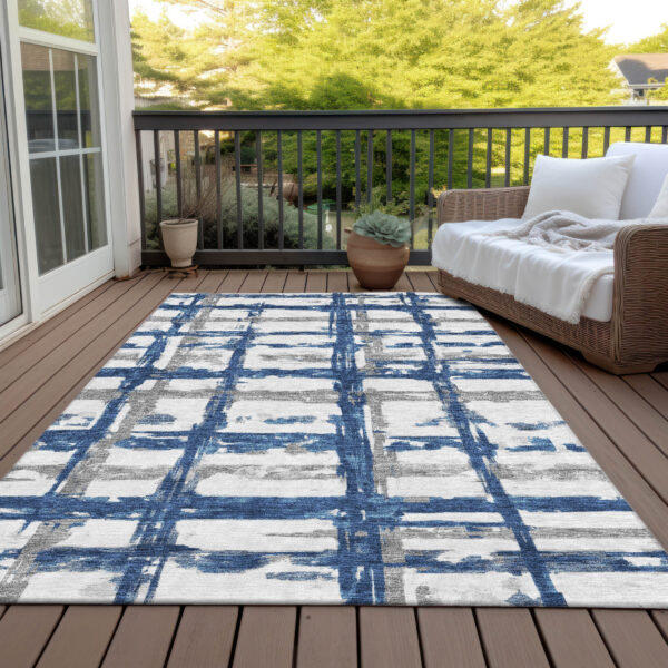 5' X 8' Navy Blue Gray And Silver Striped Washable Indoor Outdoor Area Rug