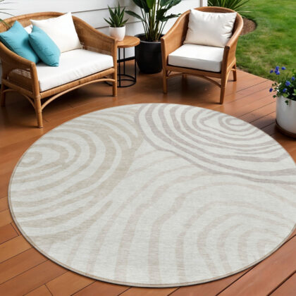 8' Ivory Beige And Khaki Round Abstract Washable Indoor Outdoor Area Rug