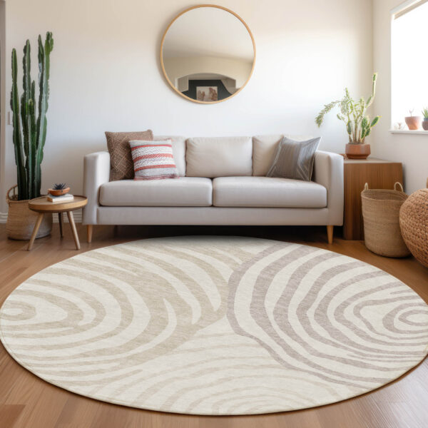 8' Ivory Beige And Khaki Round Abstract Washable Indoor Outdoor Area Rug