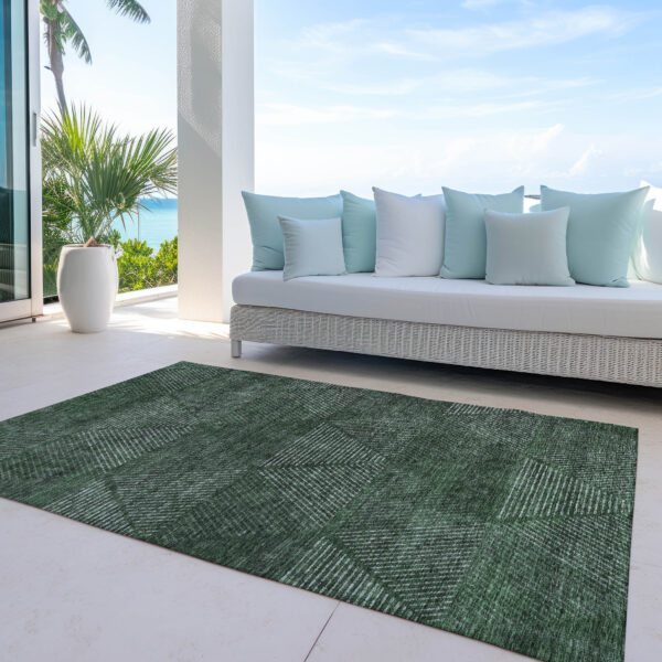 3' X 5' Fern Green And Emerald Geometric Washable Indoor Outdoor Area Rug