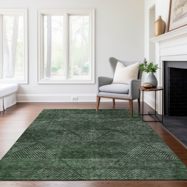 3' X 5' Fern Green And Emerald Geometric Washable Indoor Outdoor Area Rug